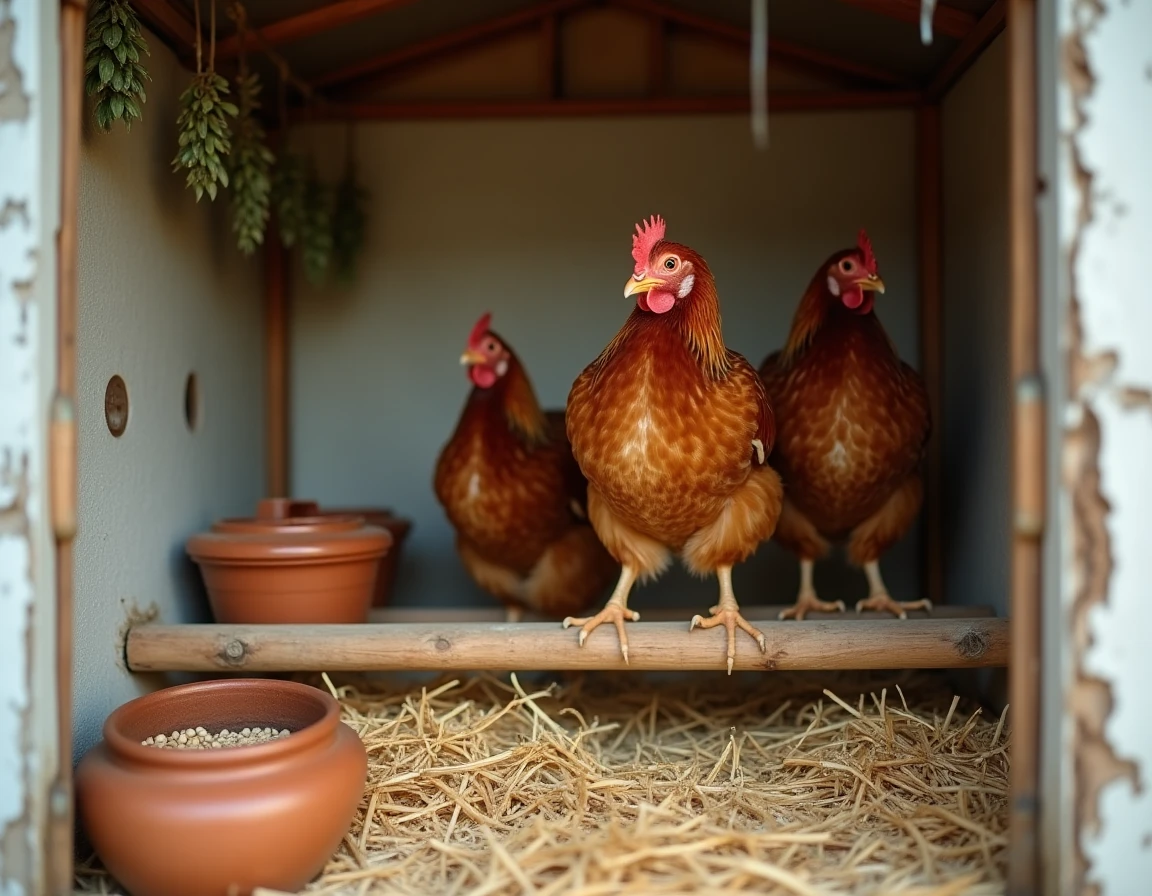 Intérieur d'un poulailler de jardin avec des poules pondeuses saines perchées sur un barreau en bois entouré de mangeoires et d'herbes séchées