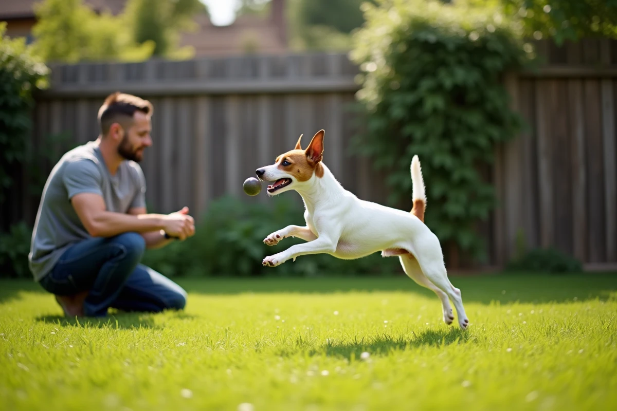 Jack Russell terrier à poil court en plein saut dans un jardin, chien dynamique de petite taille apprécié en 2026