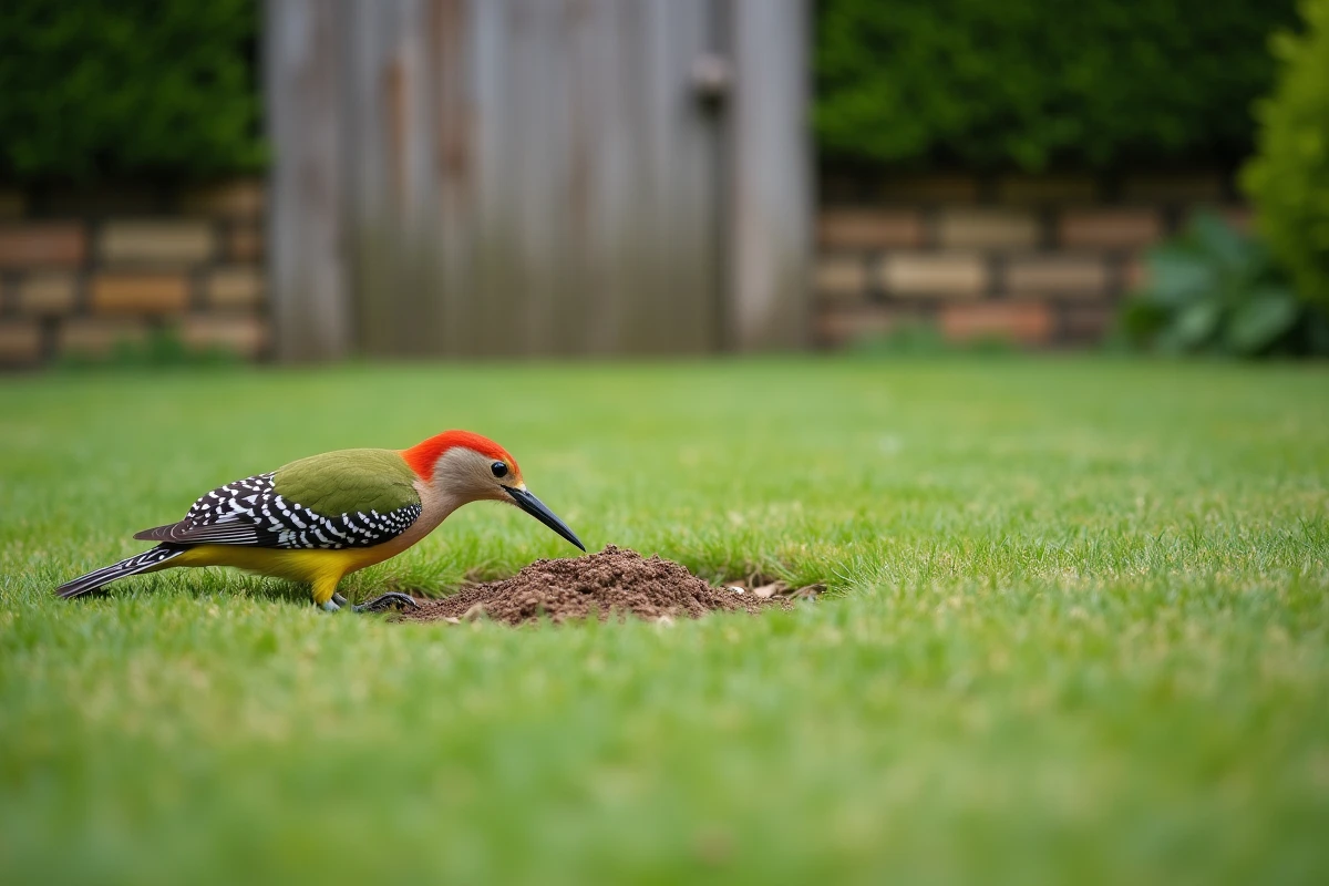 Pic vert cherchant des fourmis dans une pelouse de jardin rural, langue visible, plumage vert et jaune en détail