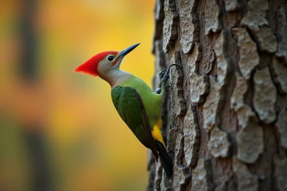 Pic vert perché sur un tronc de chêne en forêt de feuillus, montrant son plumage vert vif et sa calotte rouge caractéristique