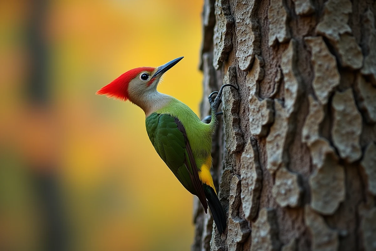 Pic vert perché sur un tronc de chêne en forêt de feuillus, montrant son plumage vert vif et sa calotte rouge caractéristique