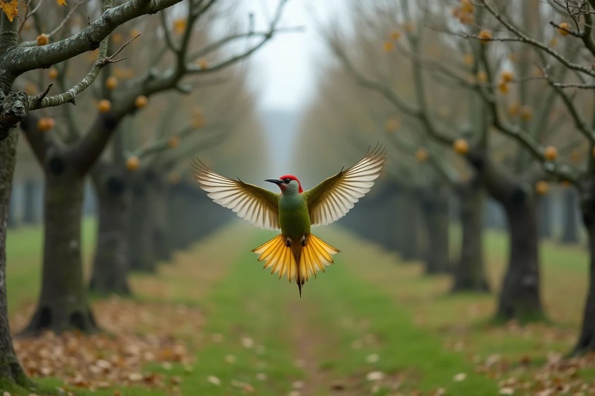 Pic vert en vol entre les pommiers d'un verger en automne, ailes déployées révélant le dessous du plumage vert pâle