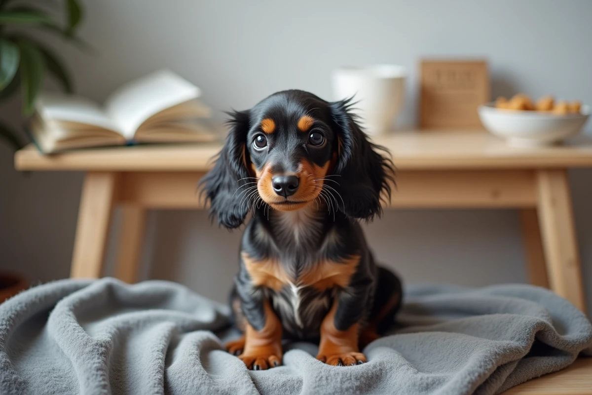 Chiot Teckel nain poil long Arlequin assis attentivement sur une couverture grise lors d'une séance d'éducation douce à domicile