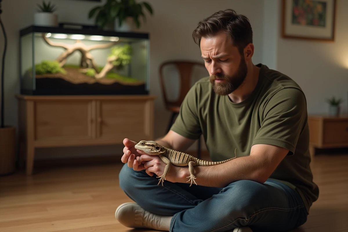Propriétaire inquiet observant son dragon barbu à domicile, signe d'une erreur de soins fréquente chez les NAC