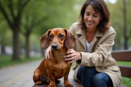 Femme promenant son teckel nain à poil court sur un banc de parc urbain, petite race de chien tendance 2026