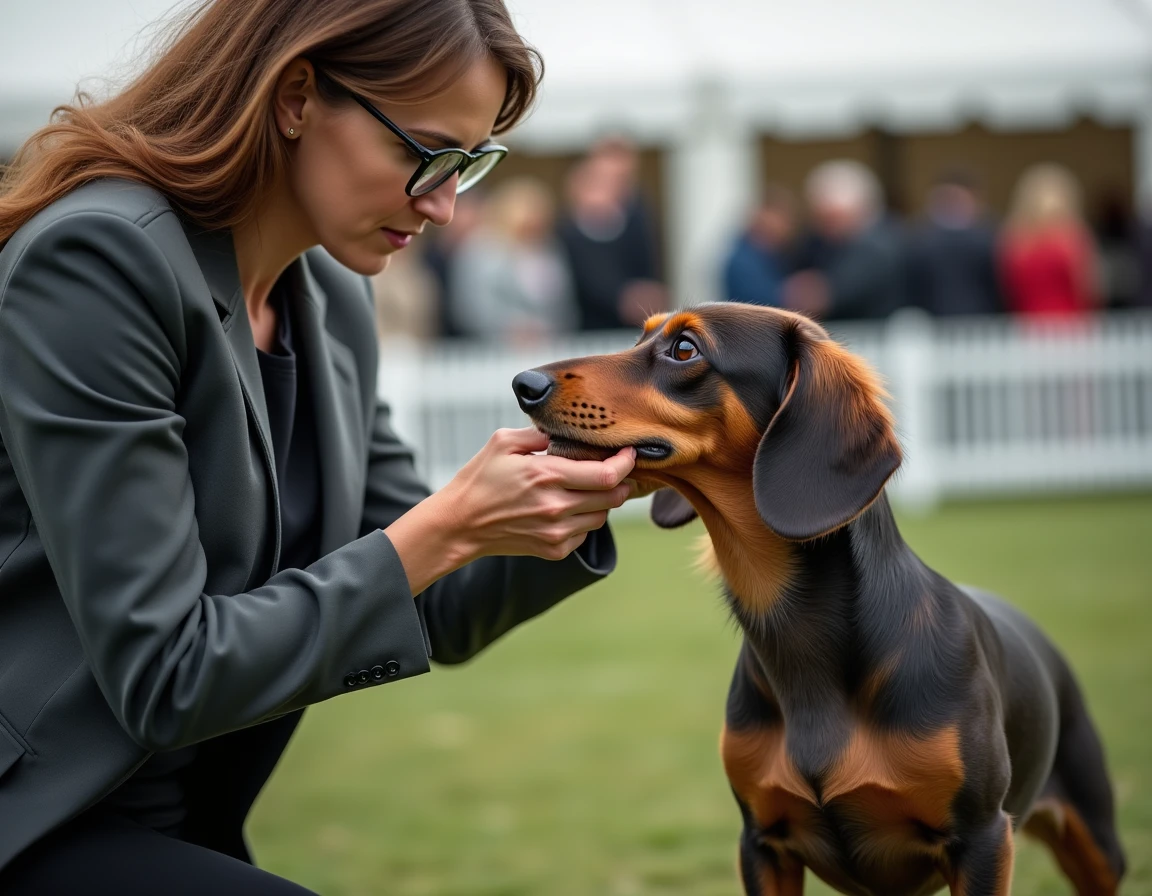 Juge examinant un teckel à poil dur lors d'un concours canin, évaluation de la conformité au standard de race