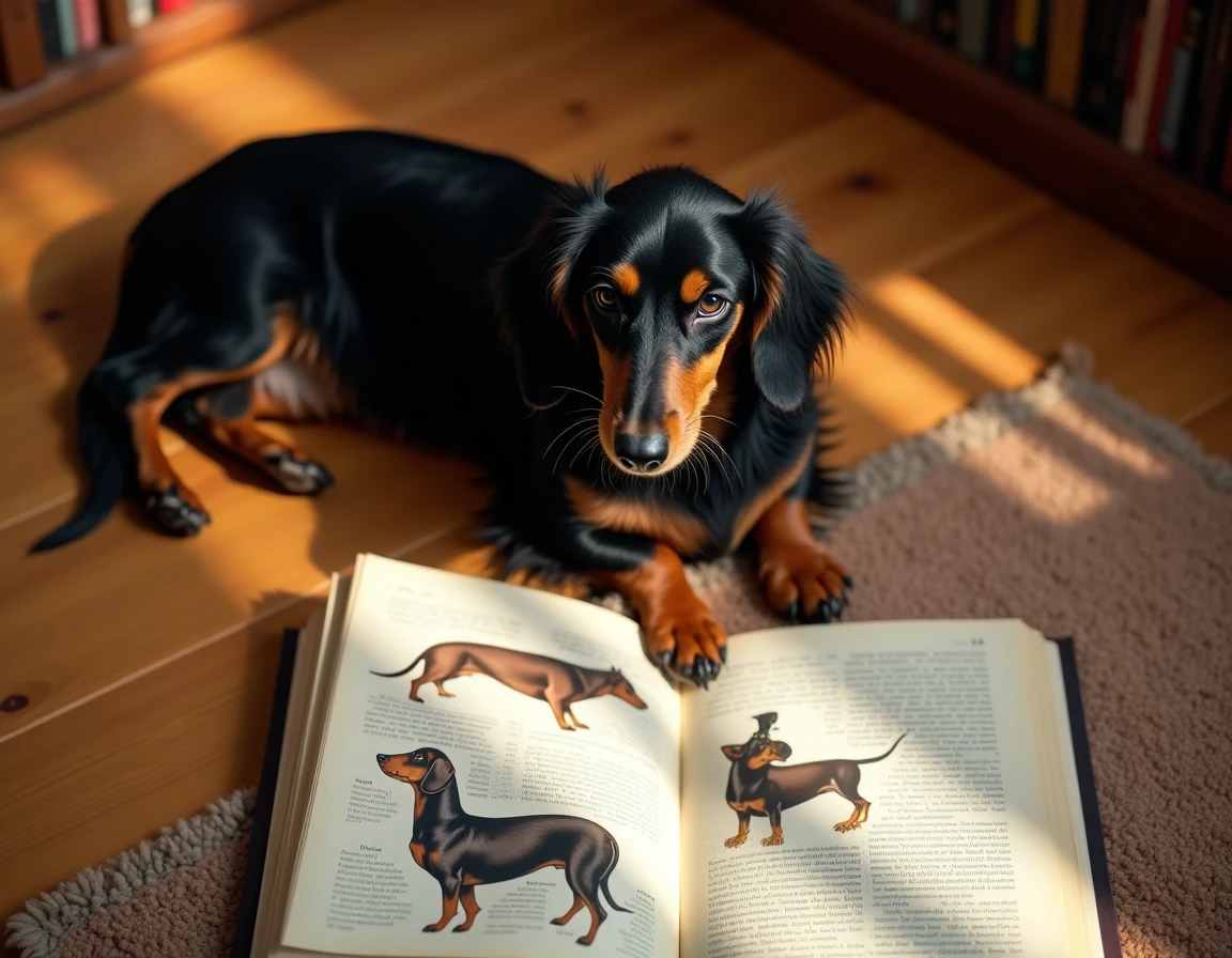 Teckel à poil long noir et feu allongé près d'un livre de standards canins, détails morphologiques de la race visibles
