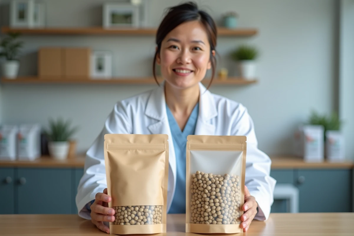Professionnel de la santé animale comparant deux sacs de croquettes pour chien en consultation vétérinaire, qualité premium versus classique
