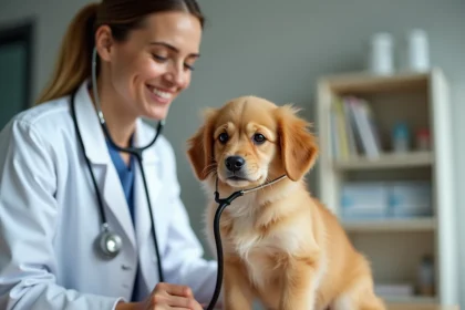 Vétérinaire examinant un Golden Retriever miniature lors d'une consultation, évaluation de la santé avant achat