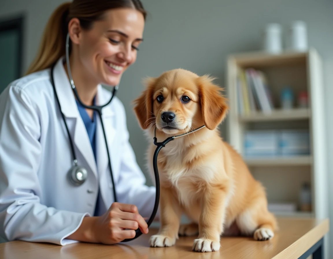 Vétérinaire examinant un Golden Retriever miniature lors d'une consultation, évaluation de la santé avant achat