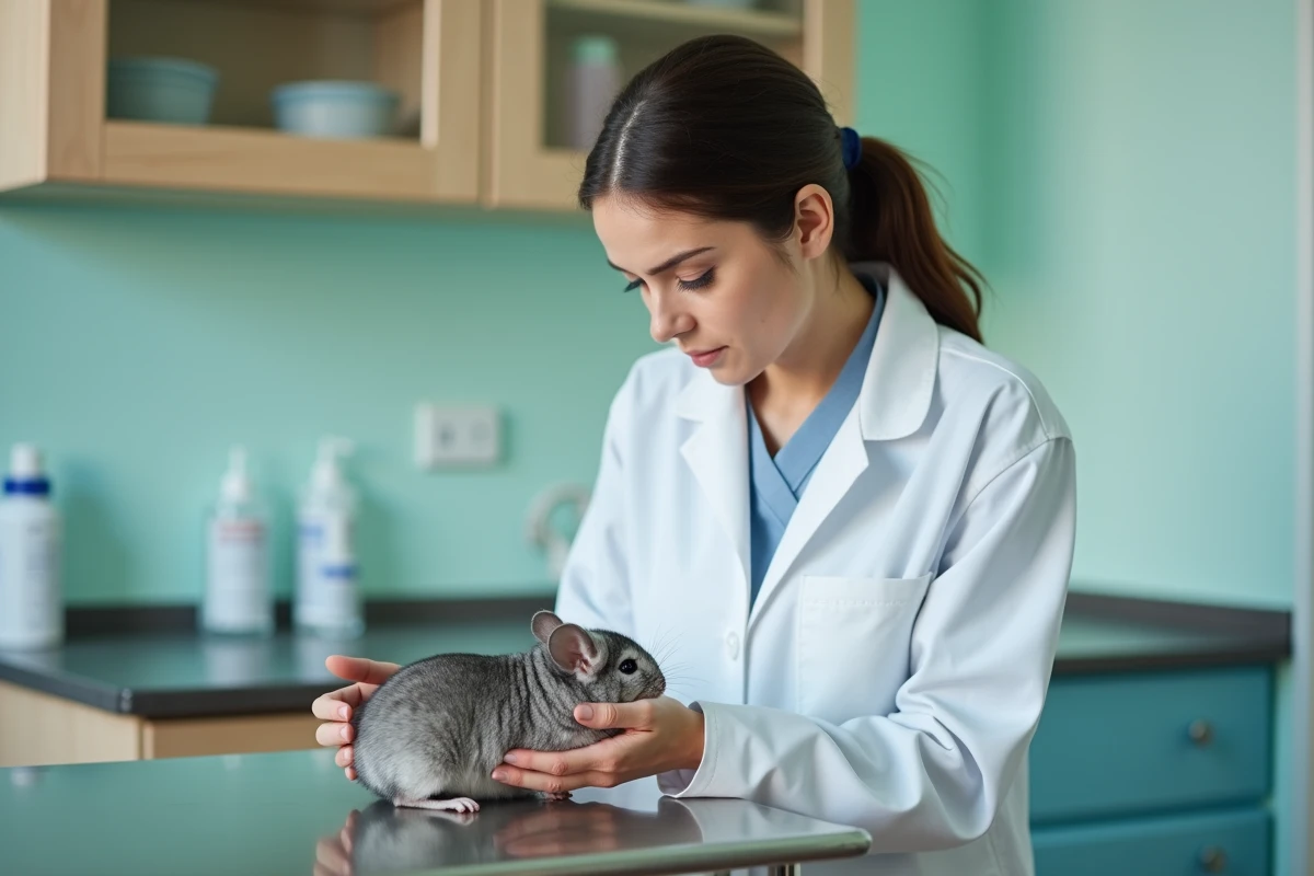 Vétérinaire spécialisée NAC examinant un chinchilla sur une table d'examen en cabinet vétérinaire