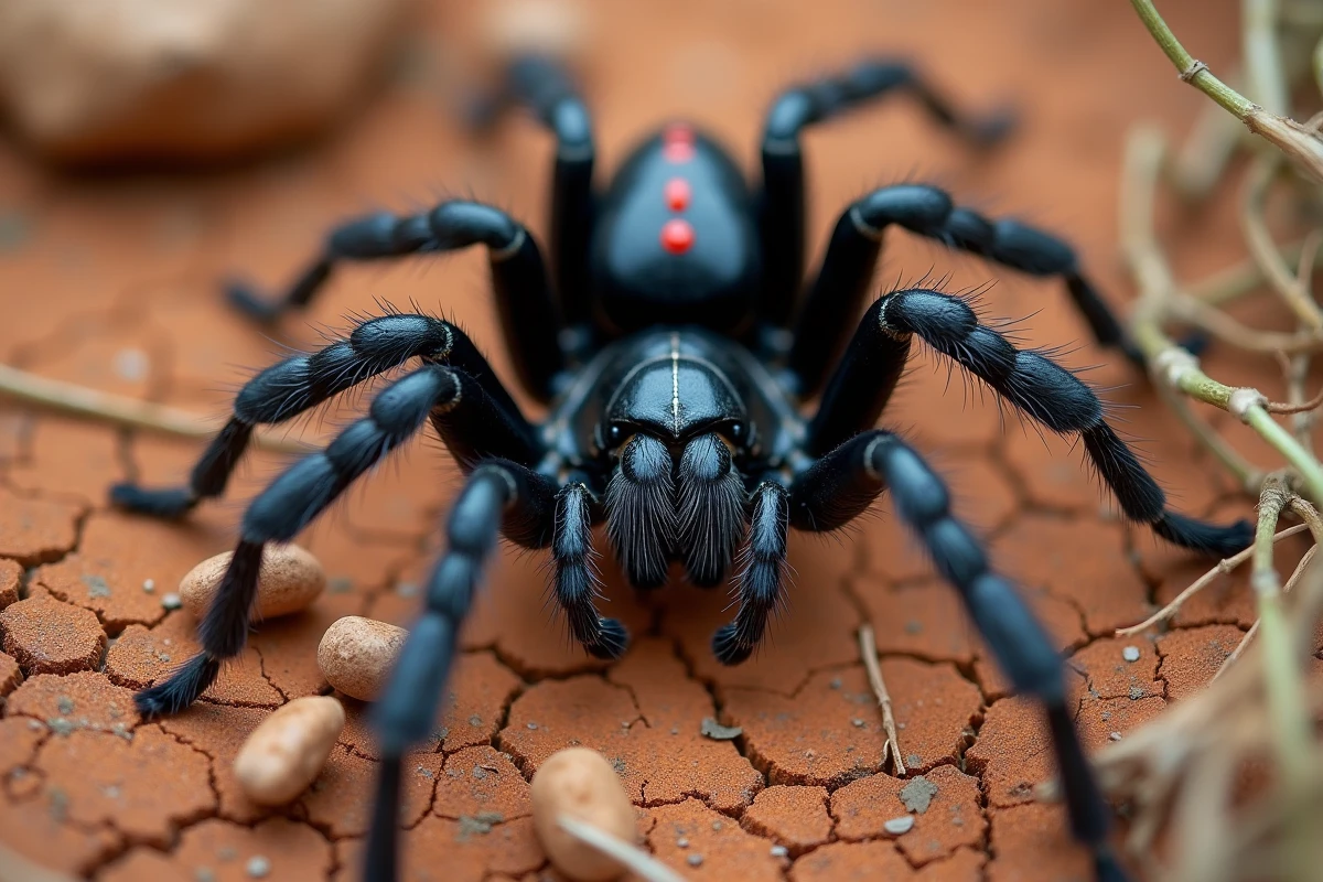 Veuve noire méditerranéenne Latrodectus sur sol argilo-calcaire sec du sud de la France, vue macro détaillée