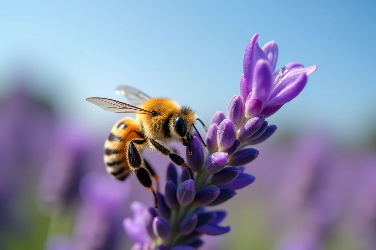 Abeille mellifère récoltant du pollen sur une fleur de lavande en prairie, guide d'identification des insectes pollinisateurs