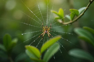 Araignée épeire diadème au centre de sa toile couverte de rosée dans un jardin naturel