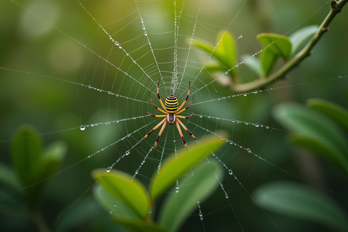 Araignée épeire diadème au centre de sa toile couverte de rosée dans un jardin naturel