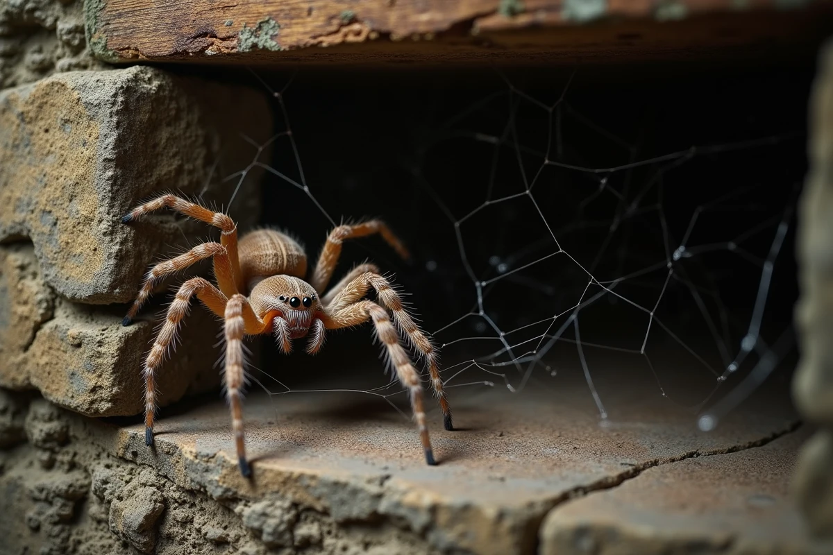 Araignée tégénaire brune dans une cave en pierre avec toile en entonnoir et vieilles pierres