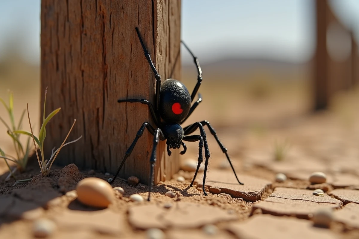 Araignée veuve noire sous un poteau en bois dans un environnement aride avec marquage rouge visible