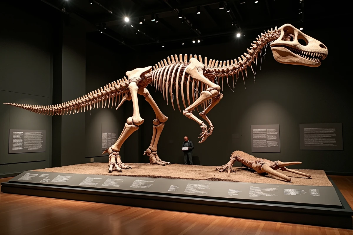Reconstruction du squelette partiel d'Argentinosaurus huinculensis dans un musée de paléontologie, montrant les vertèbres et le fémur colossaux de ce rival historique du Patagotitan comme l'un des plus grands dinosaures jamais identifiés