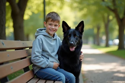 Enfant assis calmement à côté d'un Berger Suisse Noir dans un parc, illustrant une interaction sereine et sécurisée entre le chien et un jeune garçon