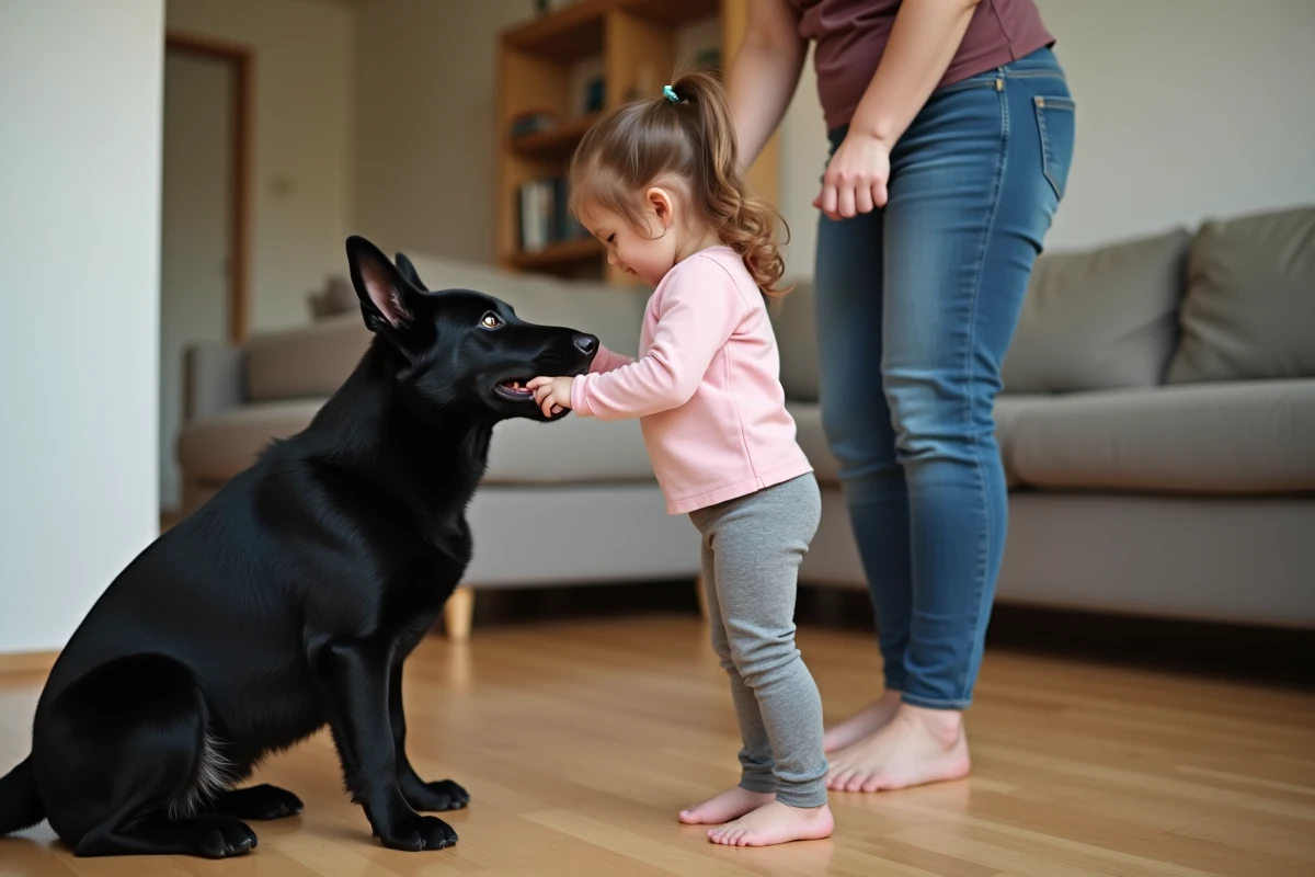 Petite fille offrant sa main à renifler à un Berger Suisse Noir sous la supervision d'un adulte dans un salon familial, démontrant les bonnes pratiques de présentation chien-enfant