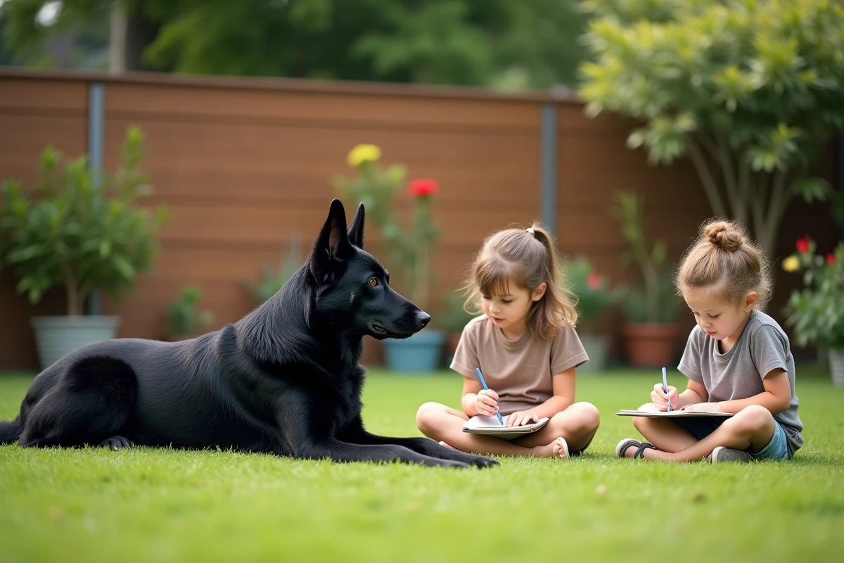 Deux enfants assis dans un jardin à distance respectueuse d'un Berger Suisse Noir allongé sur la pelouse, illustrant la cohabitation sereine et les précautions d'espace entre chien et enfants