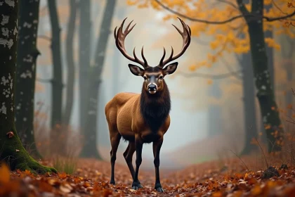 Cerf élaphe bramant en forêt automnale avec bois imposants et buée visible