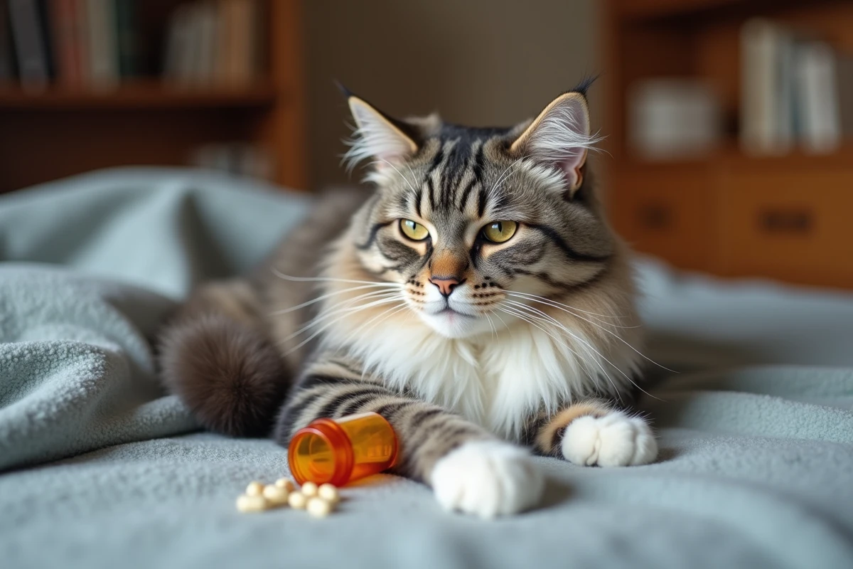 Chat femelle adulte couché près d'un flacon de médicaments contraceptifs illustrant les risques d'automédication sans ordonnance