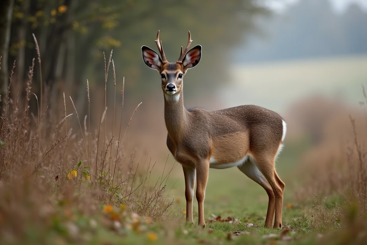 Chevreuil mâle aux aguets en lisière de forêt pendant la période automnale