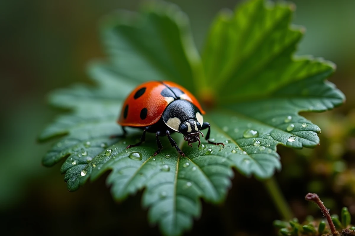 Coccinelle rouge à points noirs sur feuille verte avec gouttes d'eau en sous-bois, identification visuelle des insectes communs