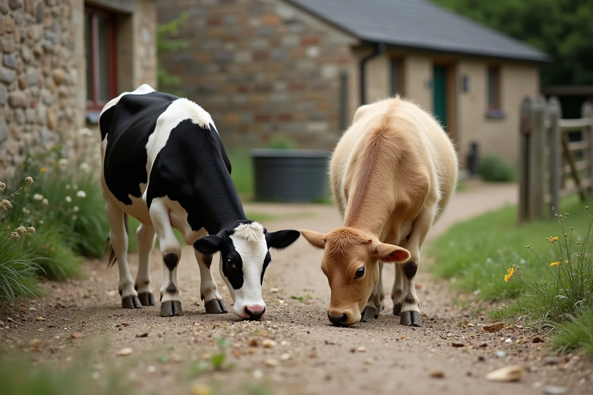 Deux mini vaches Holstein et Zébu miniature paissant dans une ferme familiale avec maison en pierre