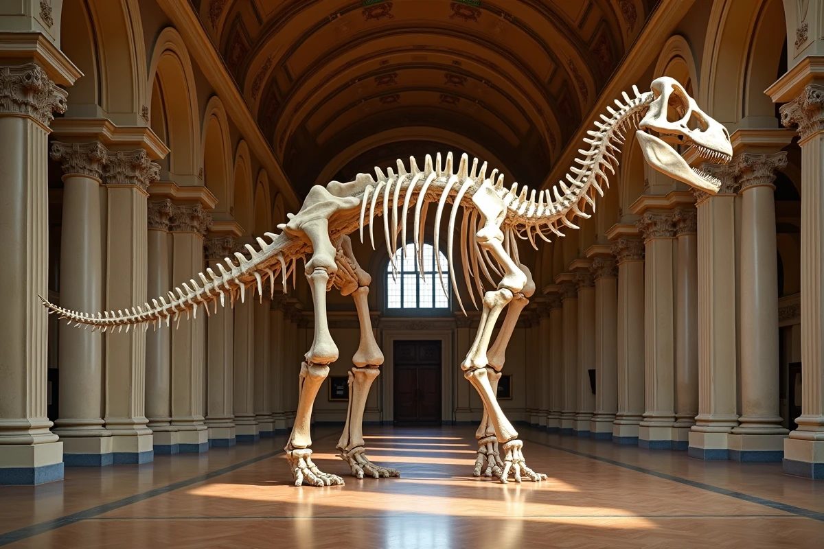 Squelette iconique de Diplodocus carnegii suspendu dans une grande salle de musée d'histoire naturelle victorien, avec sa longue queue en fouet et son cou gracieux encadrés par les colonnes ornées de la galerie classique