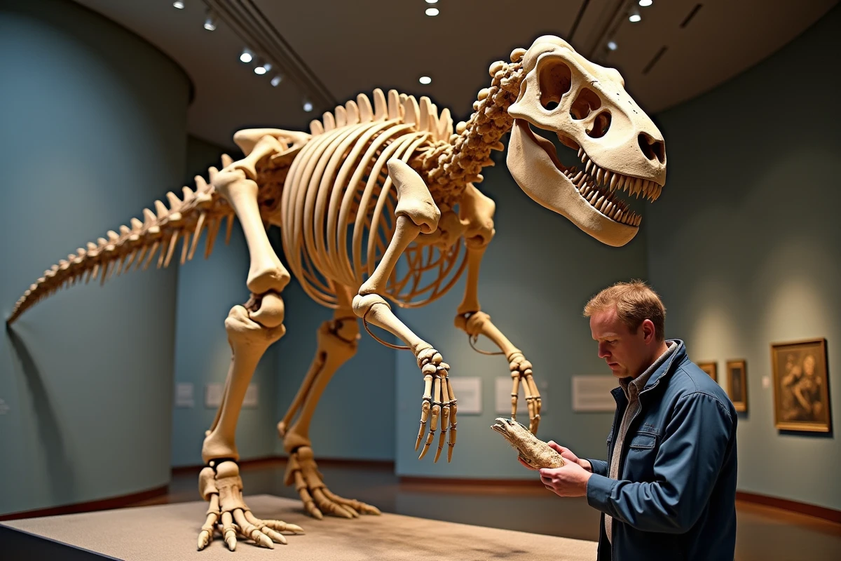 Squelette de Dreadnoughtus schrani exposé dans un musée avec un paléontologue examinant une vertèbre réplique, mettant en valeur les os massifs et épais caractéristiques de ce titanosaure géant
