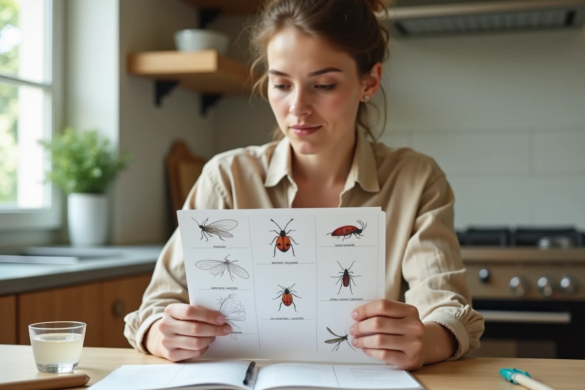 Jeune femme consultant une fiche d'identification des insectes imprimée avec des illustrations et noms annotés