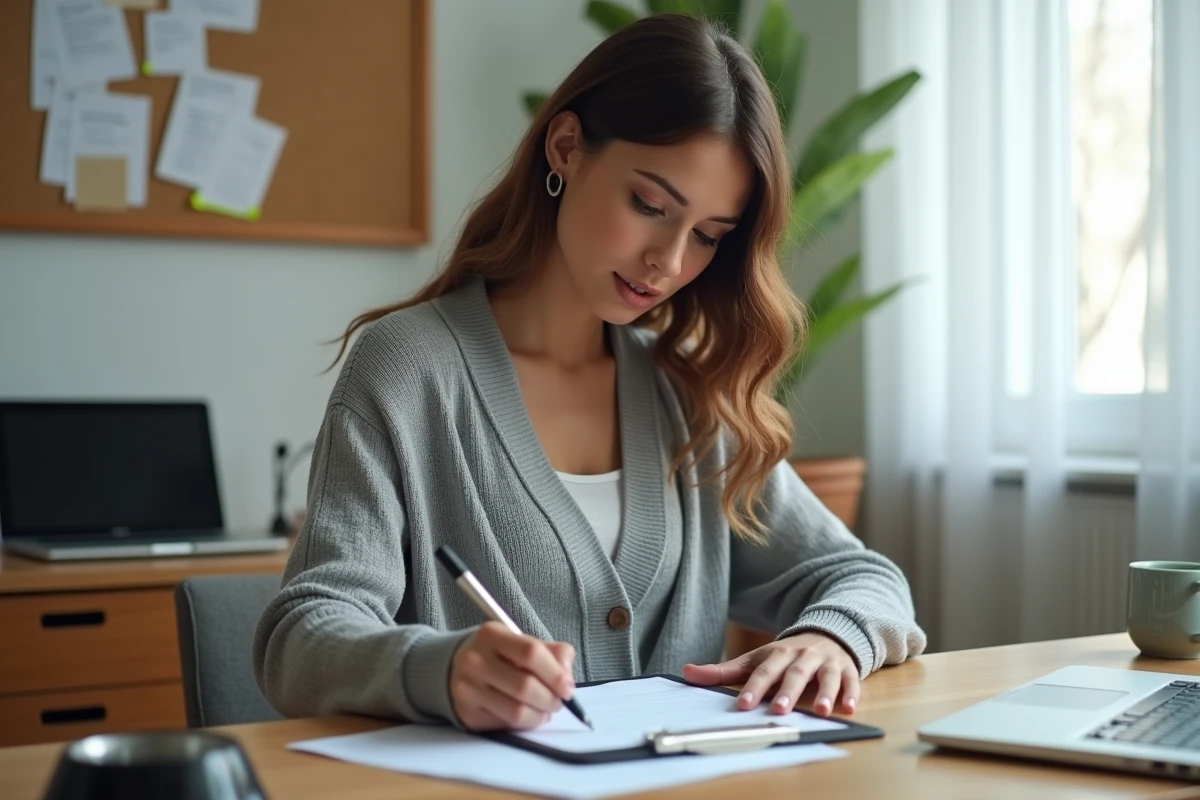 Femme consultant des documents administratifs liés aux frais vétérinaires et aides financières pour son chien