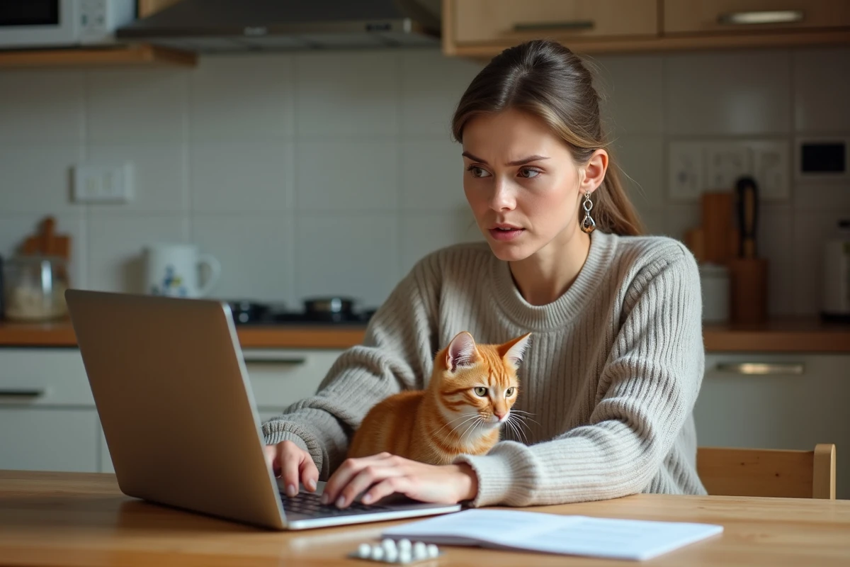 Femme consultant internet sur les risques de la pilule contraceptive pour chat achetée sans ordonnance à domicile