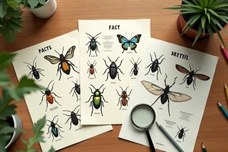 Fiches PDF sur les insectes imprimées posées sur un bureau en bois avec une loupe et des crayons de couleur