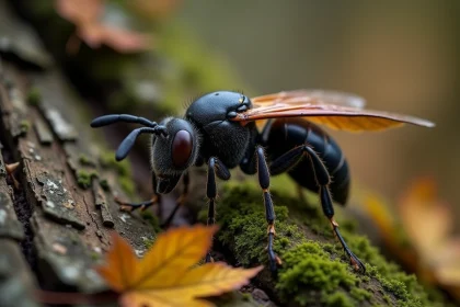 Frelon noir posé sur l'écorce d'un chêne en forêt française, vue macro détaillée de l'insecte en 2026