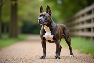 Staffie adulte en profil complet montrant sa musculature et sa morphologie caractéristique sur un chemin de parc