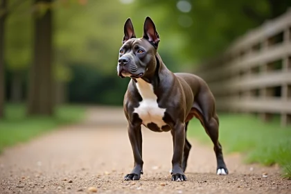 Staffie adulte en profil complet montrant sa musculature et sa morphologie caractéristique sur un chemin de parc