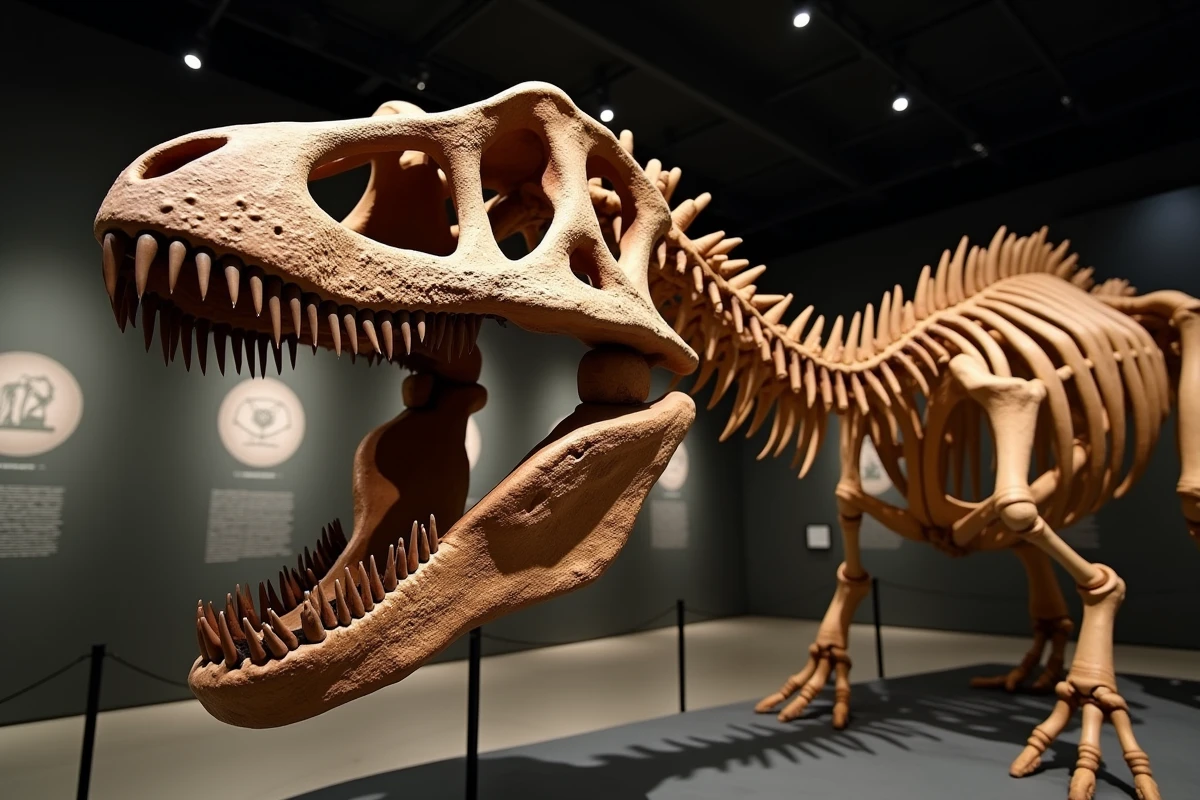 Moulage du crâne et du squelette supérieur de Giganotosaurus carolinii exposé dans un musée de paléontologie sud-américain, montrant les mâchoires ouvertes et les dents dentelées de ce grand carnivore du Crétacé de l'hémisphère sud