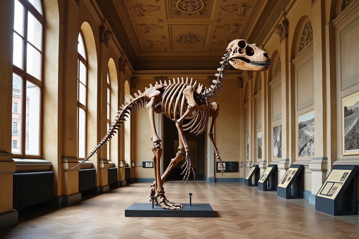 Squelette d'Iguanodon bernissartensis monté à l'Institut Royal des Sciences Naturelles de Belgique à Bruxelles, avec des panneaux documentant la découverte historique dans la mine de charbon de Bernissart qui a fondé la paléontologie européenne