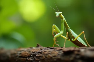 Mante religieuse verte en gros plan sur une branche d'écorce dans un jardin, identification visuelle des insectes