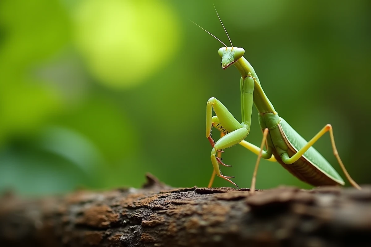 Mante religieuse verte en gros plan sur une branche d'écorce dans un jardin, identification visuelle des insectes