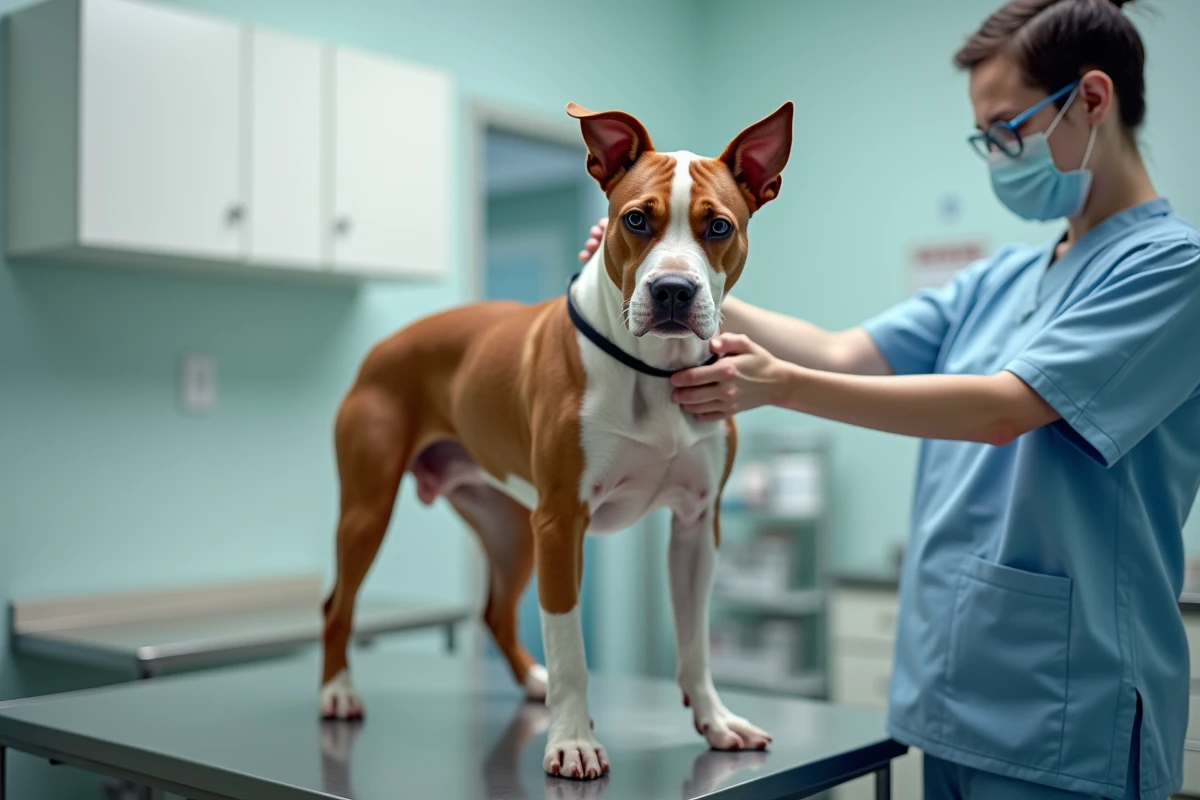 Vétérinaire mesurant la taille au garrot d'un Staffie mâle en consultation pour évaluer le gabarit de la race