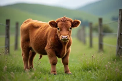 Mini vache Dexter au pelage roux dans un pré vert avec clôture en bois, vue trois quarts