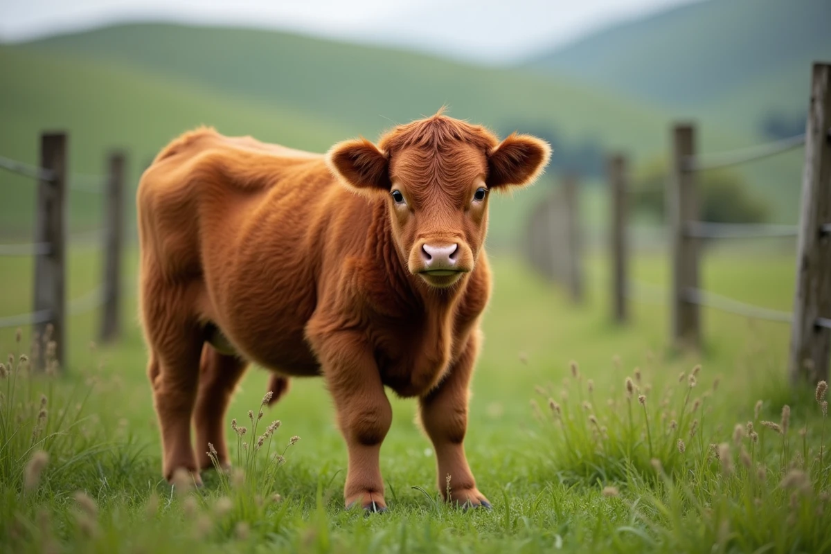Mini vache Dexter au pelage roux dans un pré vert avec clôture en bois, vue trois quarts
