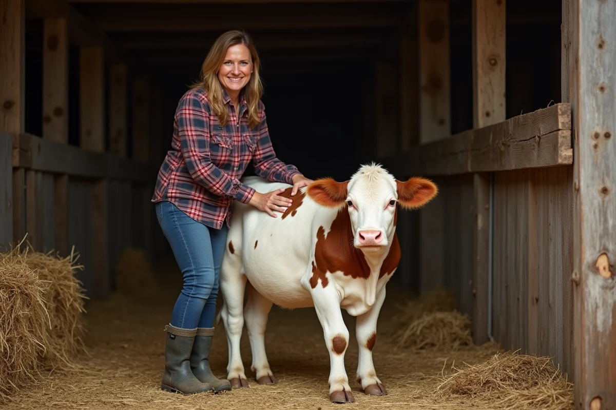 Femme agricultrice avec une mini vache Hereford dans une grange rustique en bois et paille