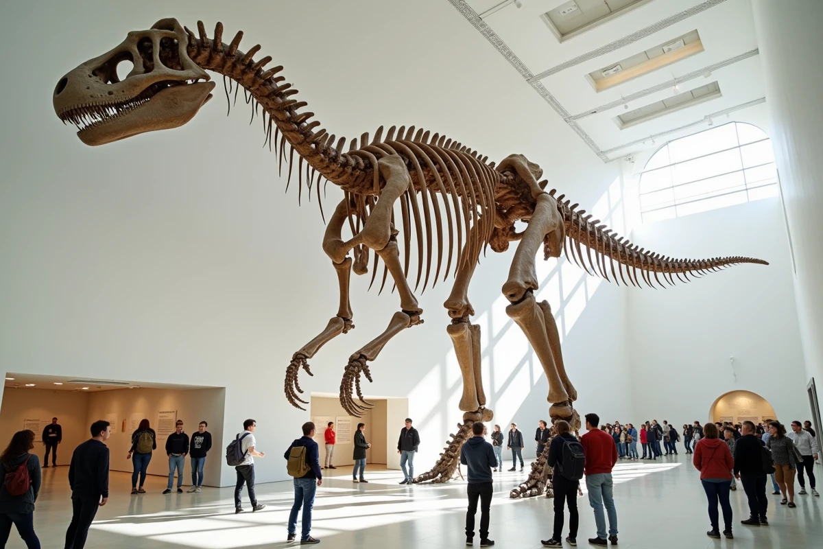 Squelette monumental de Patagotitan mayorum exposé dans une galerie muséale moderne, avec des visiteurs adultes debout à proximité soulignant l'échelle gigantesque du titanosaure le mieux documenté au monde