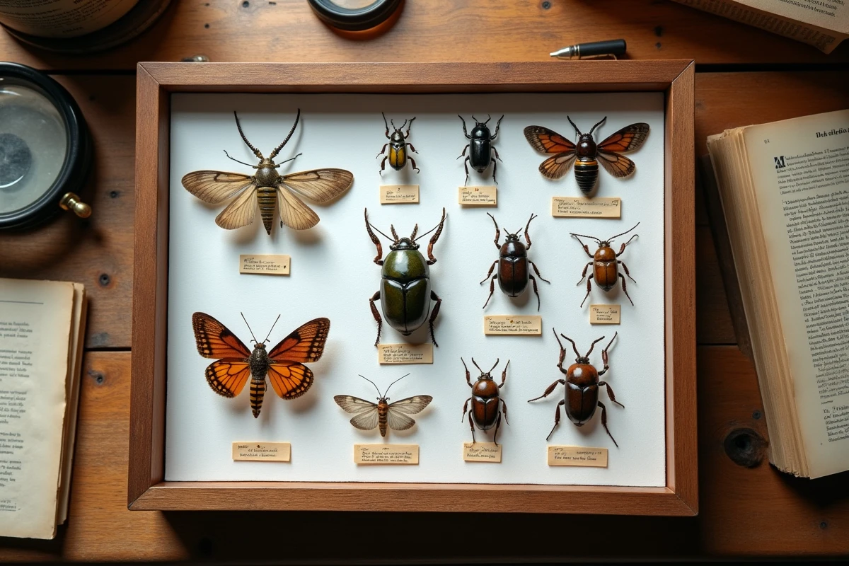 Plateau entomologique avec insectes épinglés et étiquetés sur table de naturaliste, guide visuel d'identification des espèces d'insectes