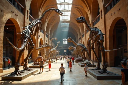 Grande salle de musée d'histoire naturelle avec plusieurs squelettes de dinosaures géants exposés, dont des sauropodes à long cou et des théropodes massifs, illustrant le thème des plus grands dinosaures jamais découverts